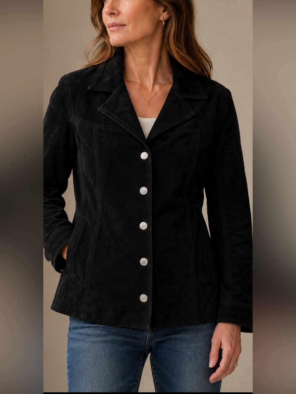 Jaclyn Smith Womens L Black Suede Leather Jacket Snap Front Collared